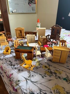 Over 30 pieces vintage dollhouse furniture lot with Miniatures and German doll